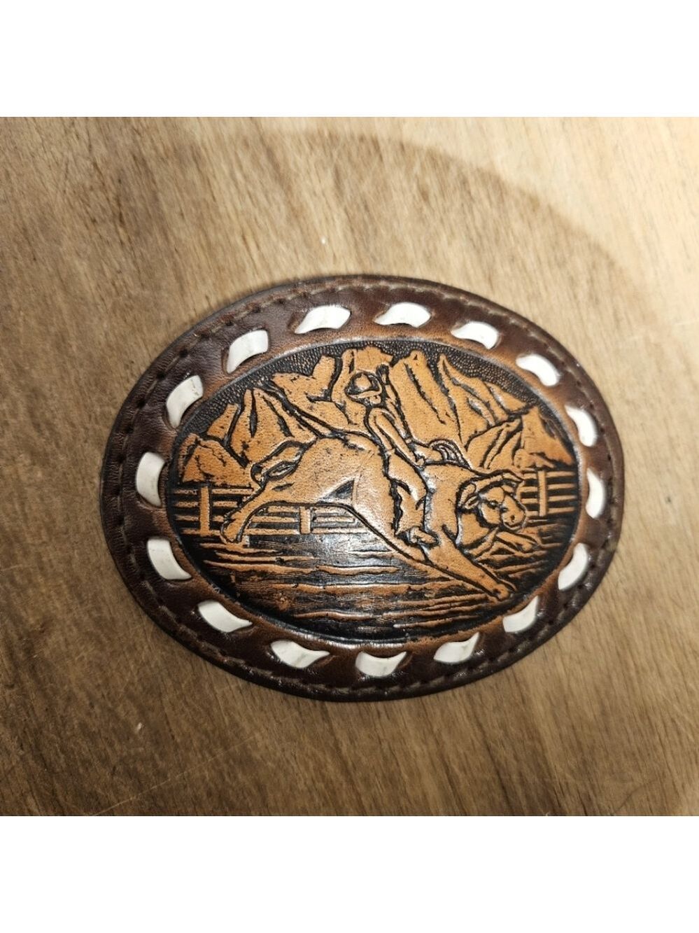 Vintage 90s Hand-tooled Leather Western Belt Buckle